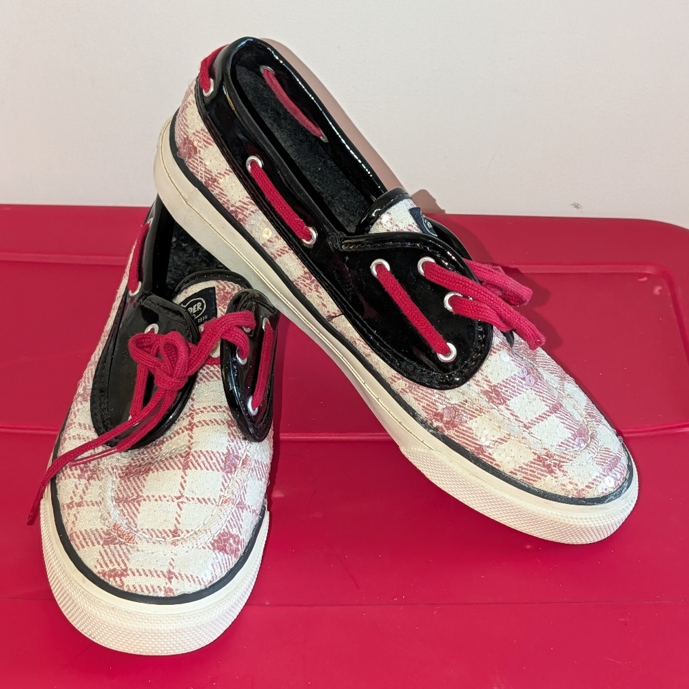 Women's Sperry Top Sider Seamate Red Plaid Sequins Black Patent Boat Shoes 9.5M